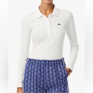 🌟LACOSTE🌟 LONG SLEEVE PIQUE KNIT COTTON POLO SHIRT LOGO WHITE SZ 38 OR M